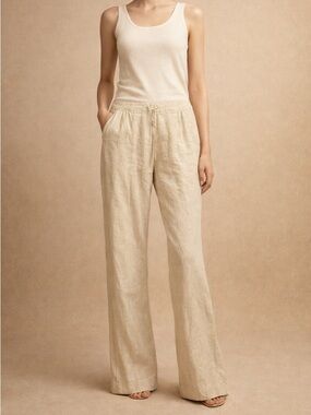 Ellen Tracy Beige Wide-Leg Linen Drawstring Pants